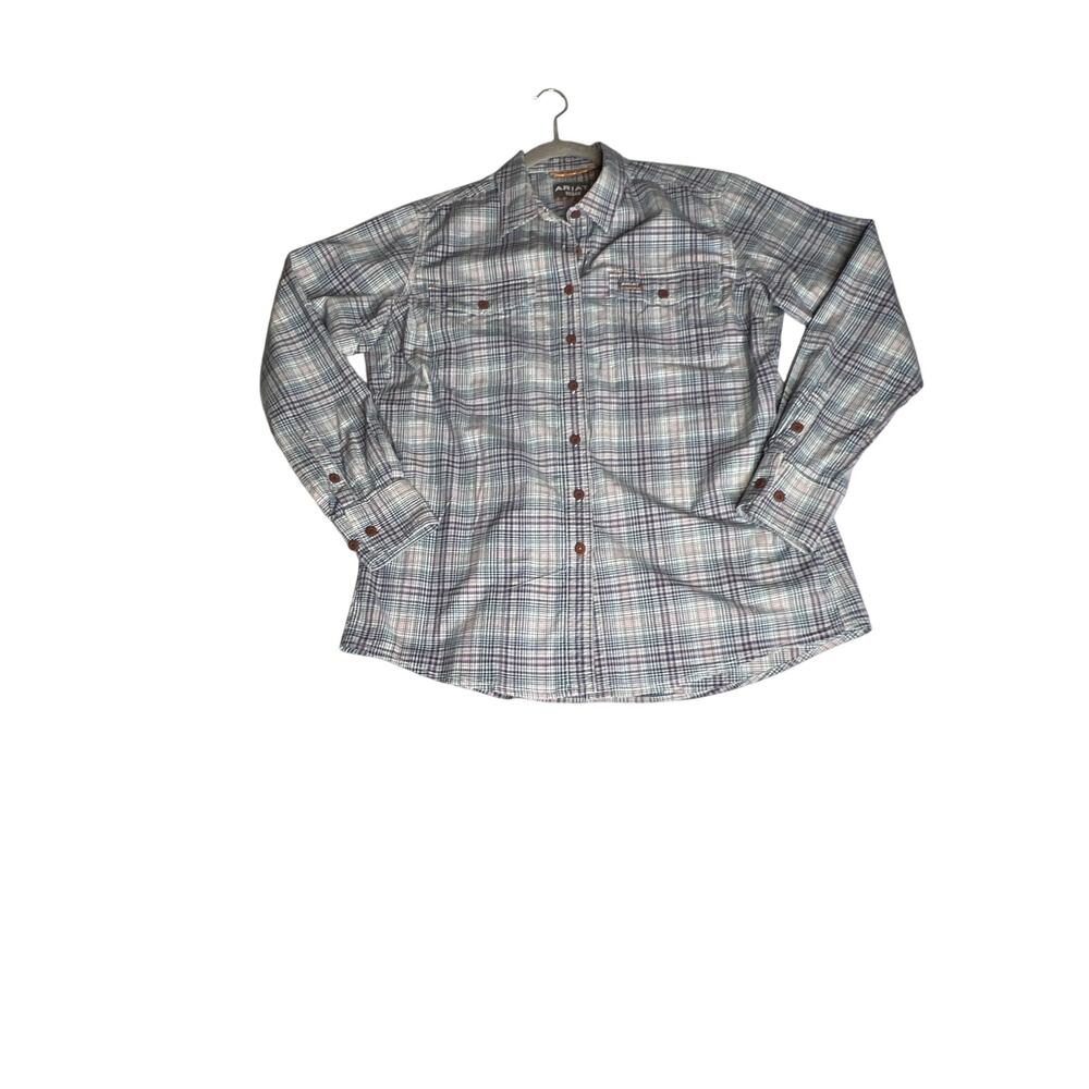 Ariat Rebar L shirt button up long sleeve durasttetchh pockets blue/purple plaid